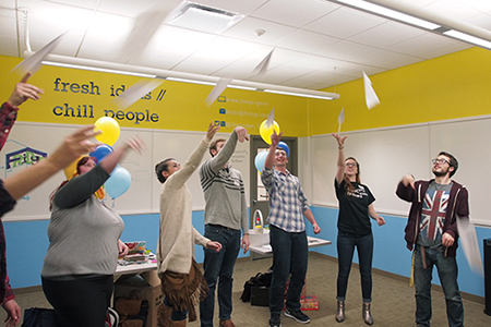 Fellows take part in a warm-up exercise during the Kent State Meetup. Photo by Laurie Moore.