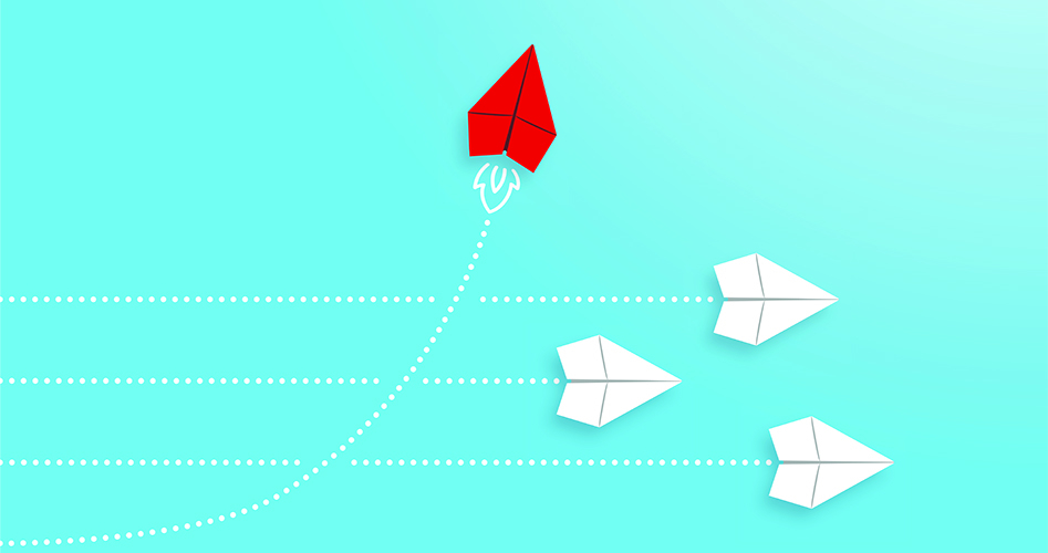 a paper plane diverging from the pack